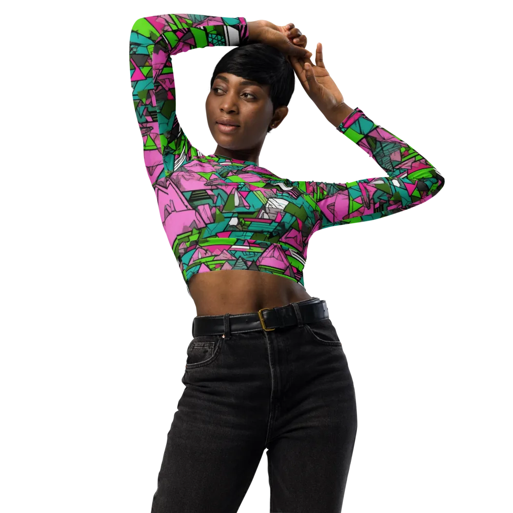 Neon Alpine Grid on Long Sleeve Crop Top — Front