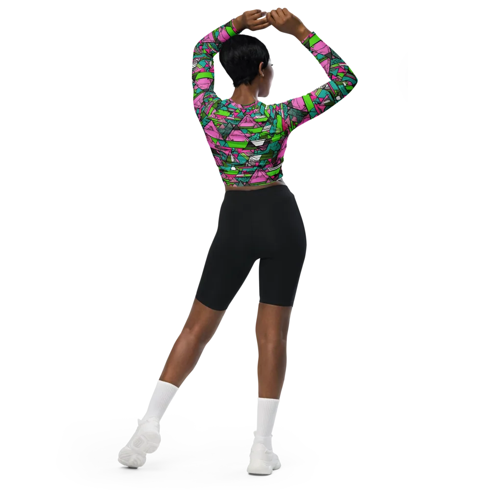 Neon Alpine Grid on Long Sleeve Crop Top — Back