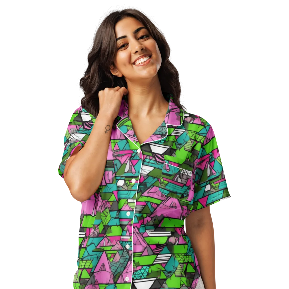 Neon Alpine Grid on Women's Short Sleeve Pajama Top — Front