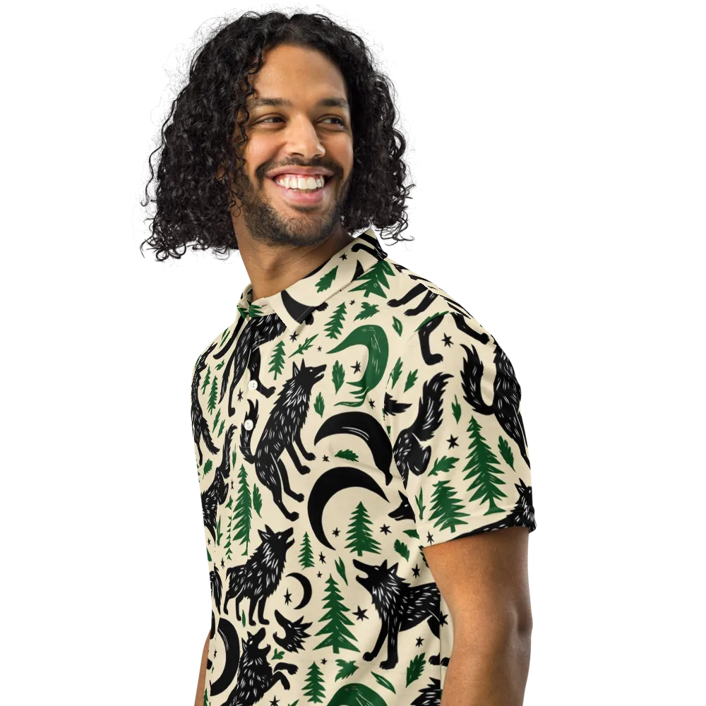 Black Pine Howl on Men's Slim Fit Polo Shirt — Left Front