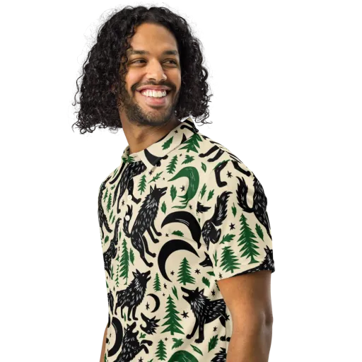 Black Pine Howl on a Men's Slim Fit Polo Shirt