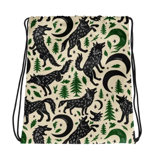Black Pine Howl on a Drawstring Bag