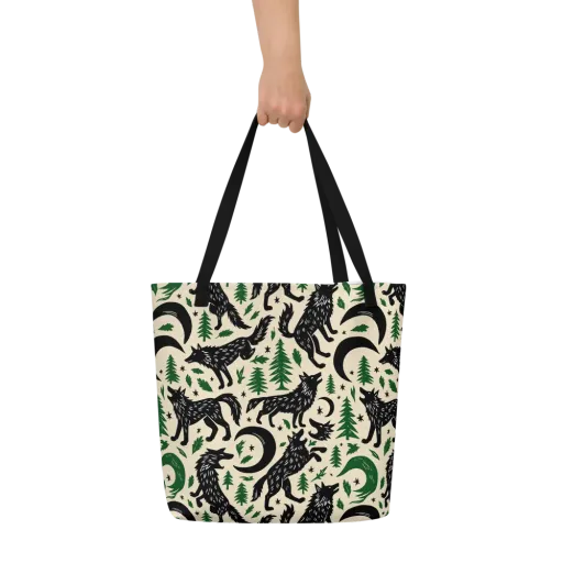 Black Pine Howl on a Large Tote Bag W/ Pocket