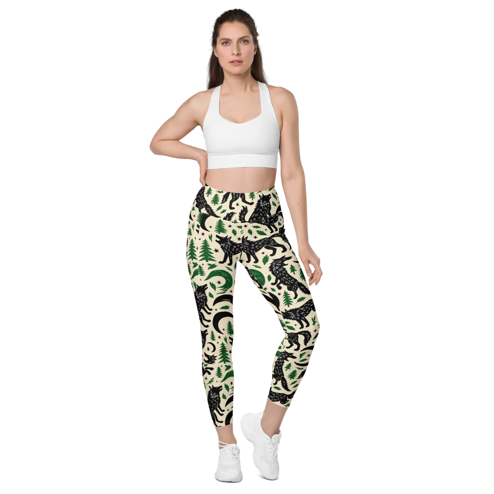 Black Pine Howl on Leggings with Pockets — Front