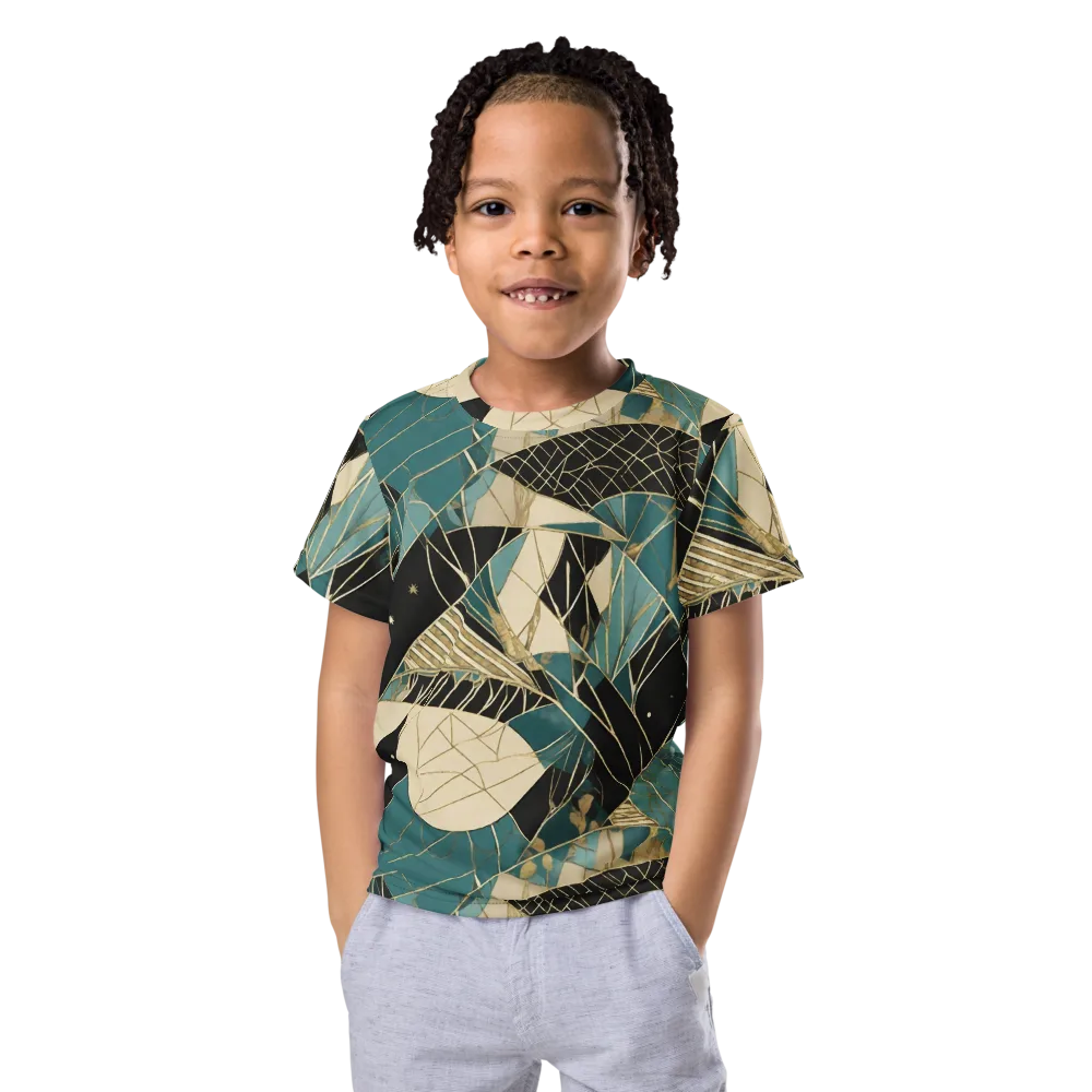 Teal Noir Mosaic on Kids Crew Neck T-Shirt — Front