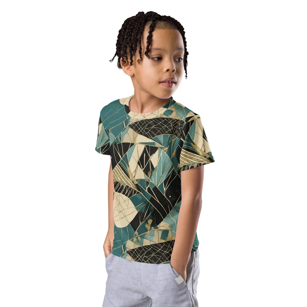 Teal Noir Mosaic on Kids Crew Neck T-Shirt — Left Front