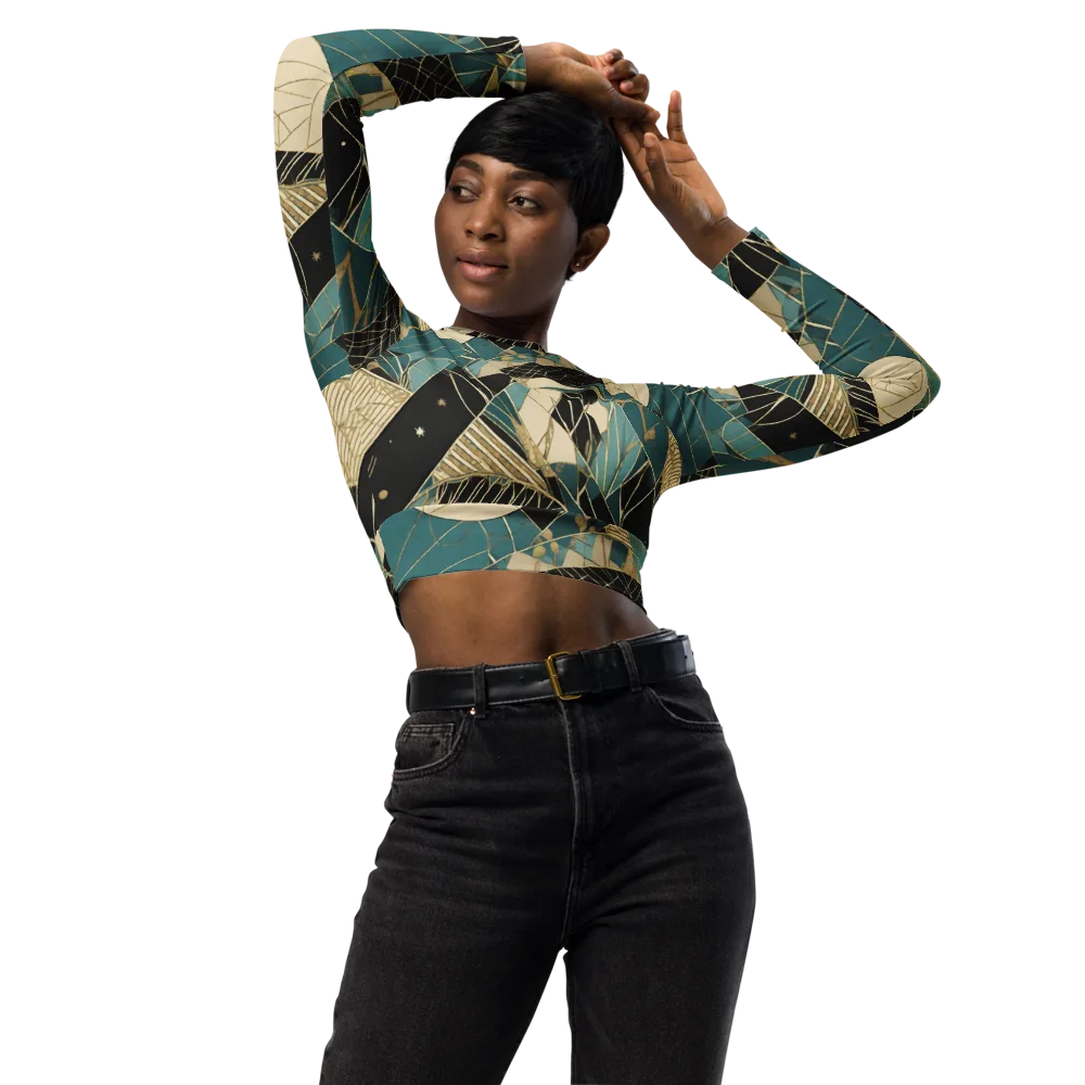 Teal Noir Mosaic on Long Sleeve Crop Top — Front
