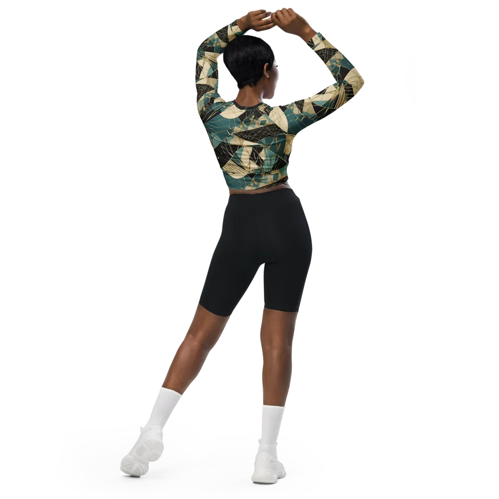 Teal Noir Mosaic on Long Sleeve Crop Top — Back