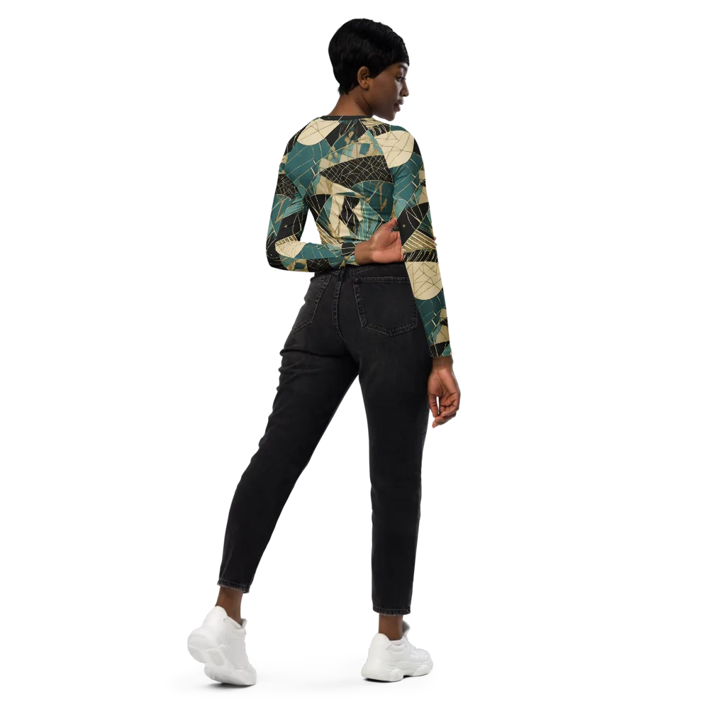 Teal Noir Mosaic on Long Sleeve Crop Top — Right Back