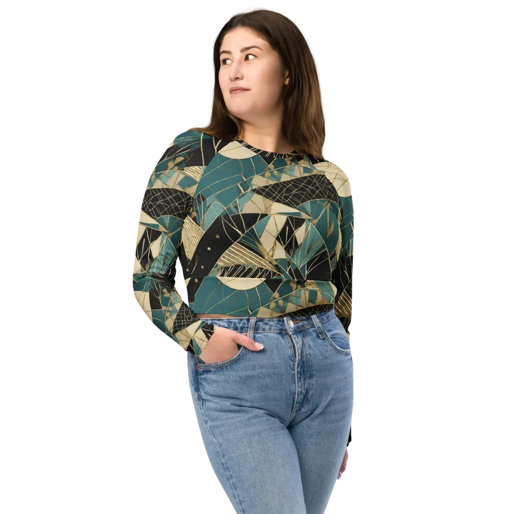 Teal Noir Mosaic on Long Sleeve Crop Top — Front