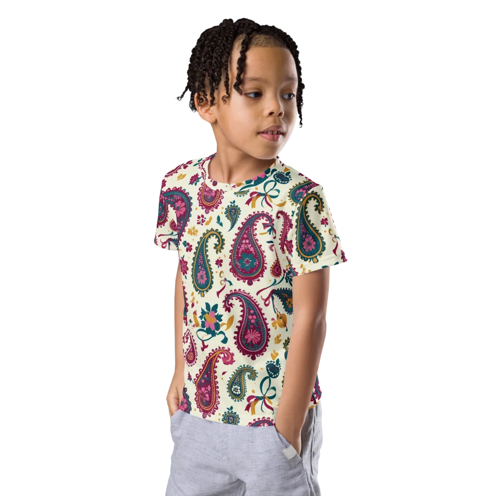 Saffron Paisley on Kids Crew Neck T-Shirt — Left Front