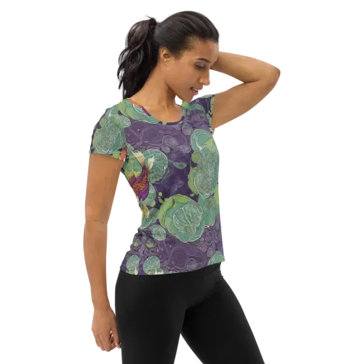Violet Koi Garden on a Women's Athletic T-Shirt