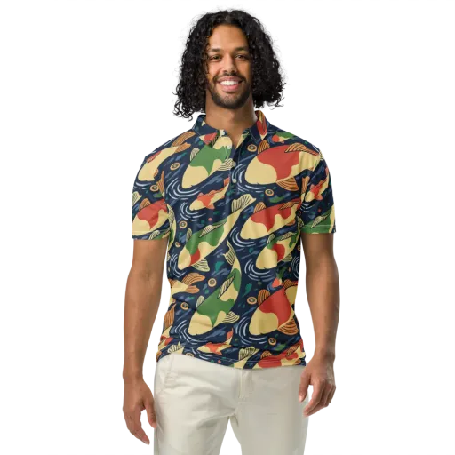 Carp in Motion on a Men's Slim Fit Polo Shirt