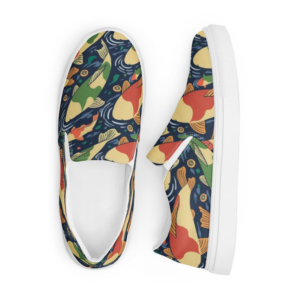 Carp in Motion on Men's Slip-On Canvas Shoes — Front
