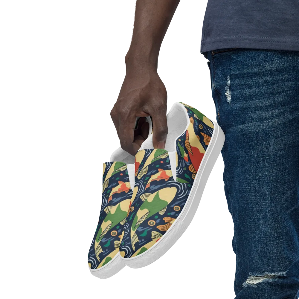 Carp in Motion on Men's Slip-On Canvas Shoes — Left Front