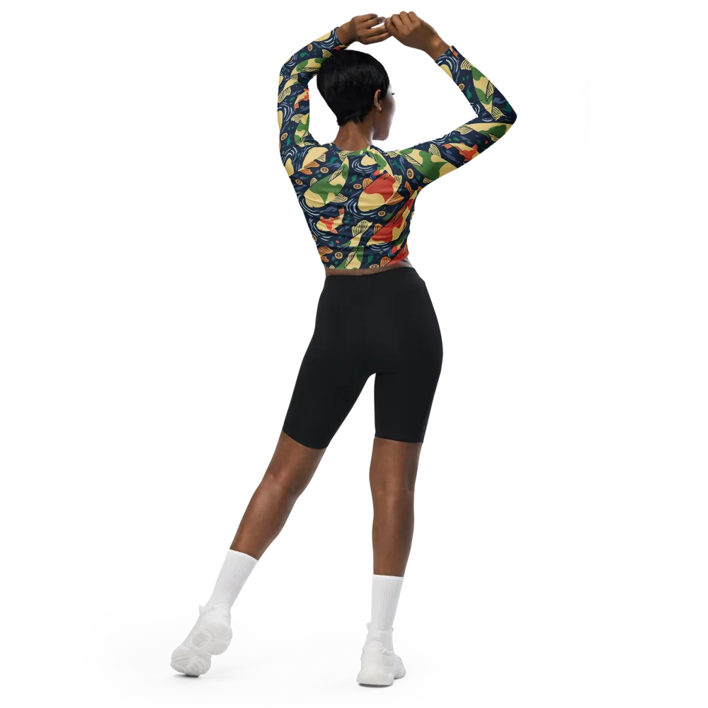 Carp in Motion on Long Sleeve Crop Top — Back