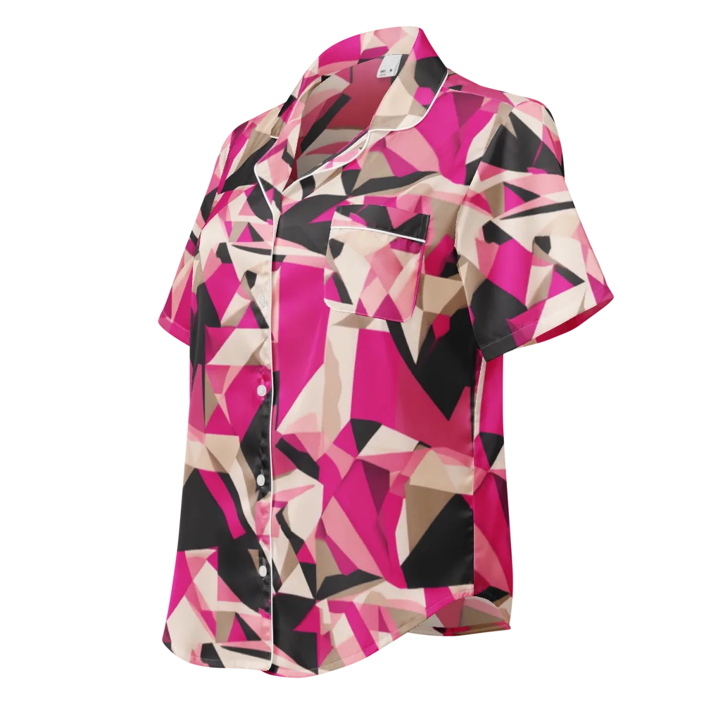Hot Pink Blueprint on Women's Short Sleeve Pajama Top — Left Front