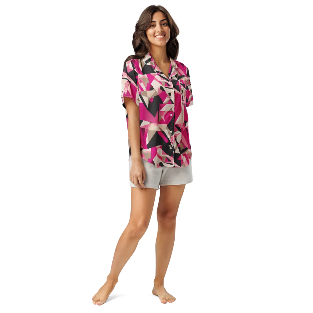 Hot Pink Blueprint on Women's Short Sleeve Pajama Top — Front