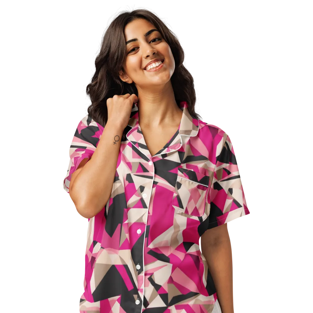 Hot Pink Blueprint on Women's Short Sleeve Pajama Top — Front