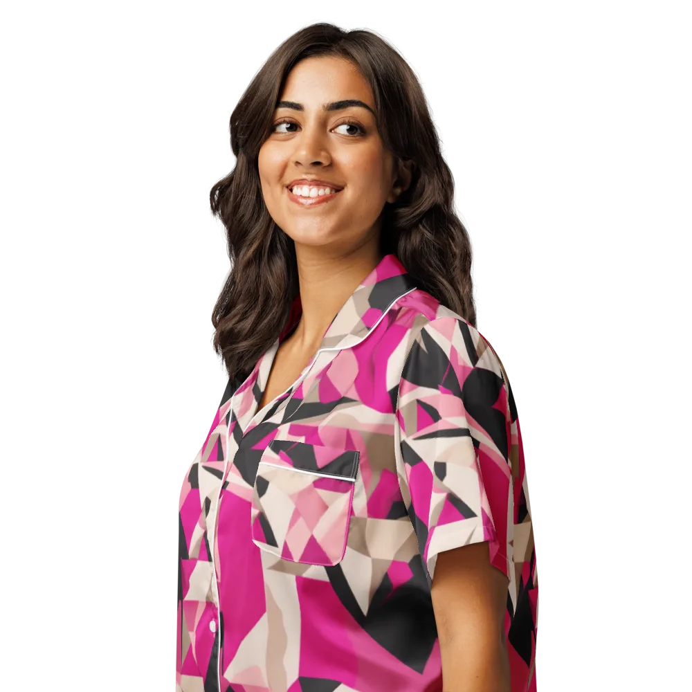 Hot Pink Blueprint on Women's Short Sleeve Pajama Top — Left Front