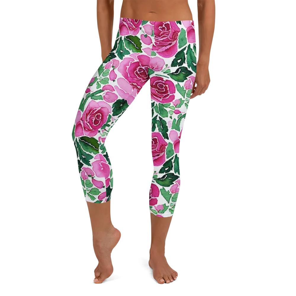 Magenta Rose Garden on Capri Leggings — Front