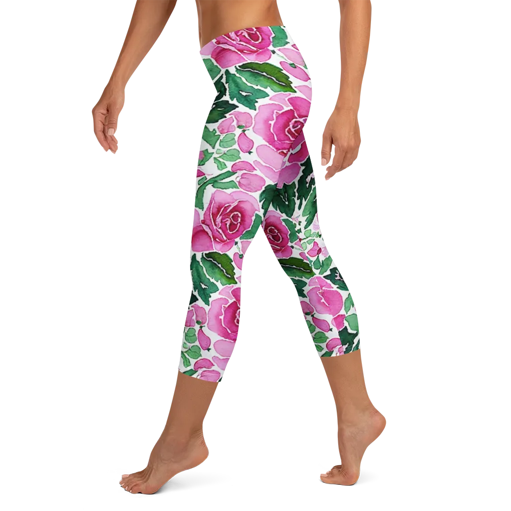 Magenta Rose Garden on Capri Leggings — Left