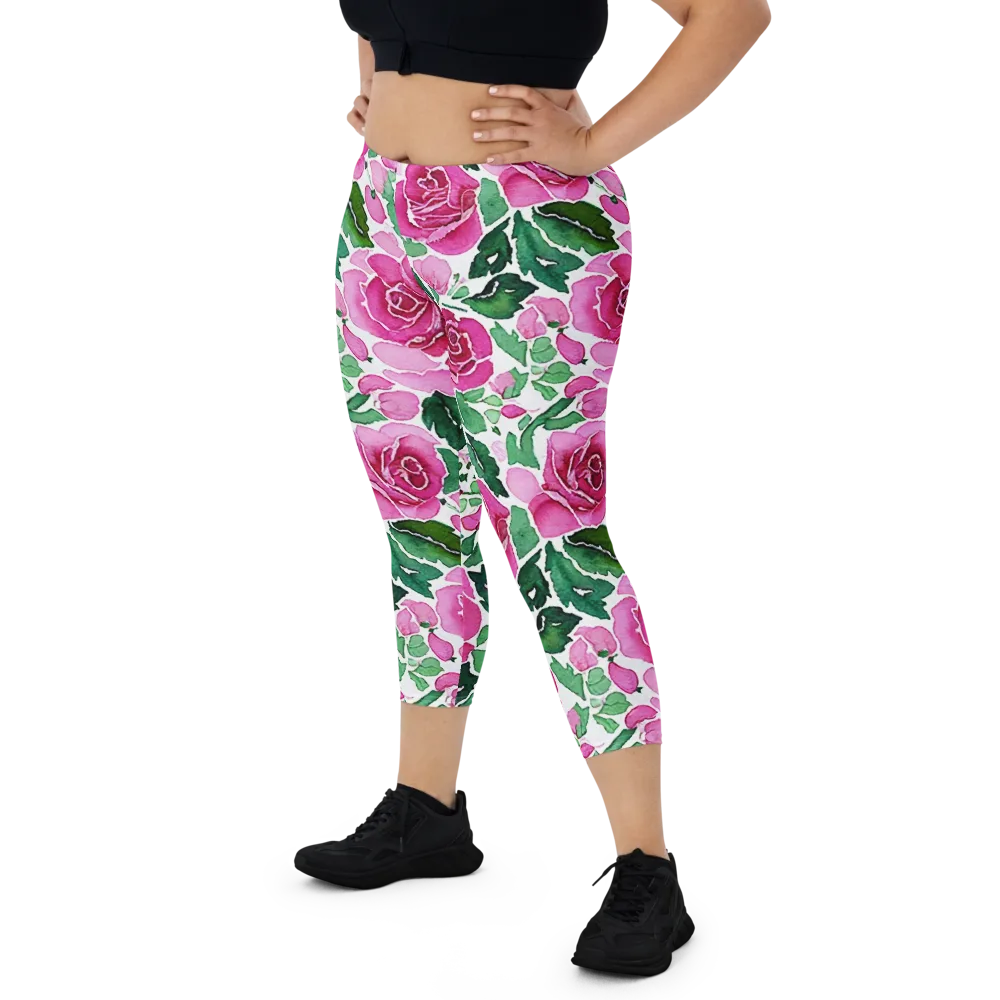 Magenta Rose Garden on Capri Leggings — Front