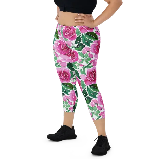 Magenta Rose Garden on a Capri Leggings