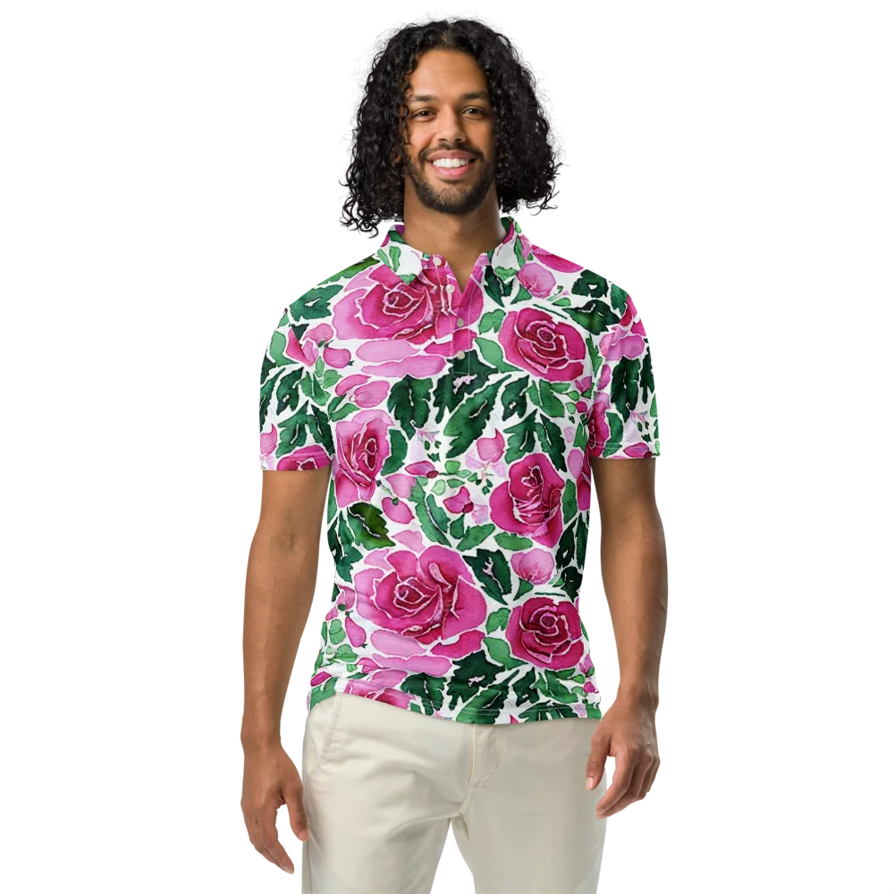 Magenta Rose Garden on Men's Slim Fit Polo Shirt — Front