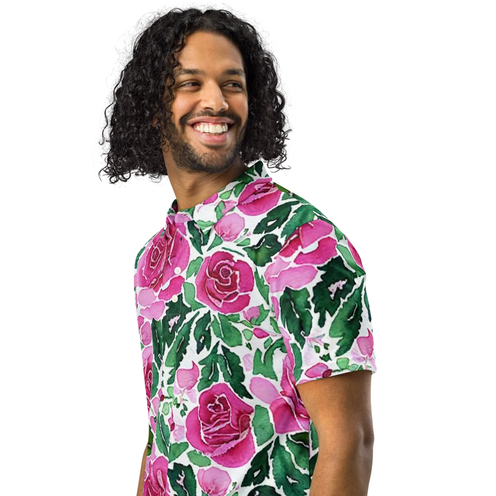 Magenta Rose Garden on Men's Slim Fit Polo Shirt — Left Front