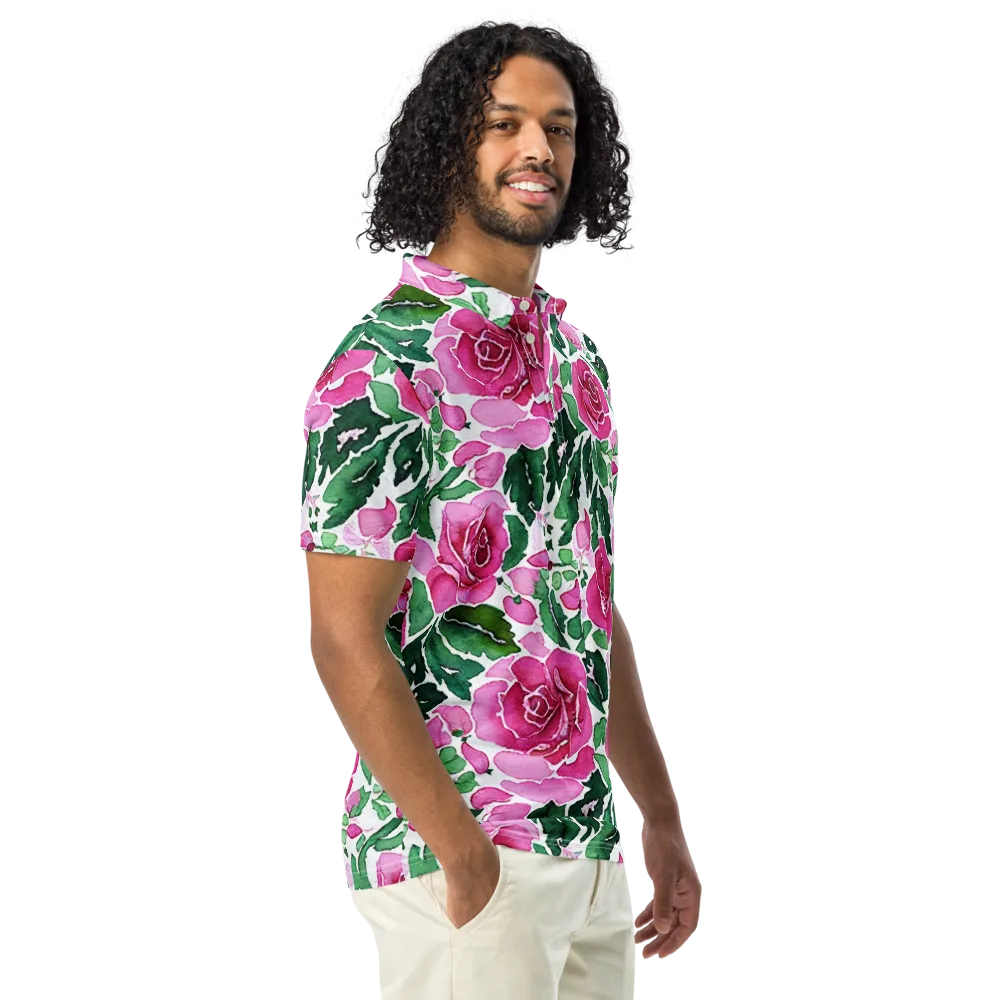 Magenta Rose Garden on Men's Slim Fit Polo Shirt — Right Front