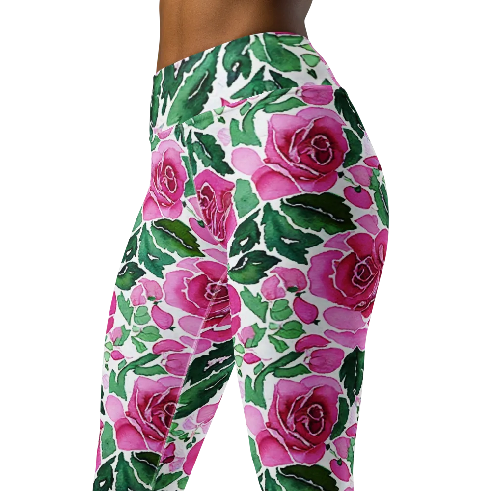 Magenta Rose Garden on Yoga Leggings — Left Front