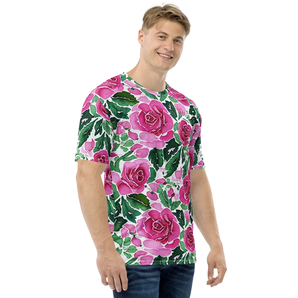 Magenta Rose Garden on Men's Crew Neck T-Shirt — Right