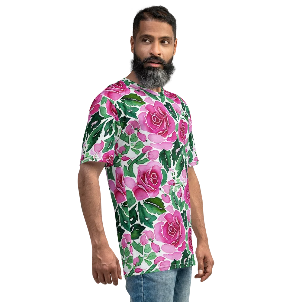 Magenta Rose Garden on Men's Crew Neck T-Shirt — Right