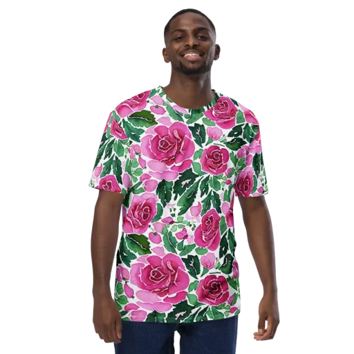 Magenta Rose Garden on a Men's Crew Neck T-Shirt