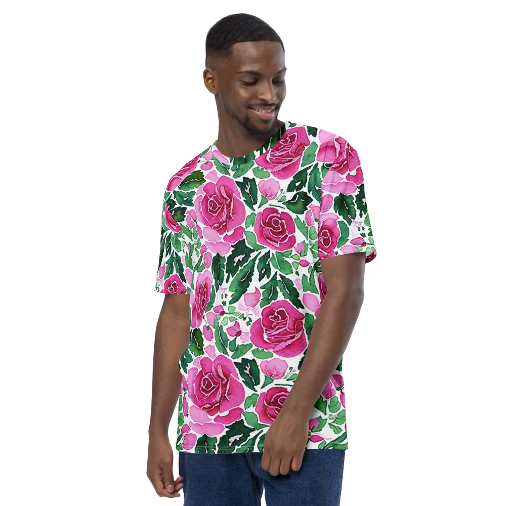 Magenta Rose Garden on Men's Crew Neck T-Shirt — Left