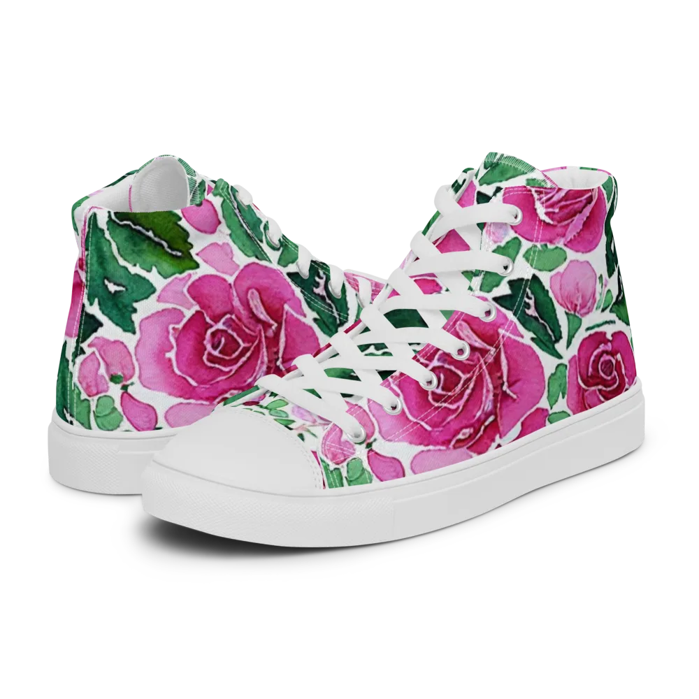 Magenta Rose Garden on Men's High Top Canvas Shoes — Left