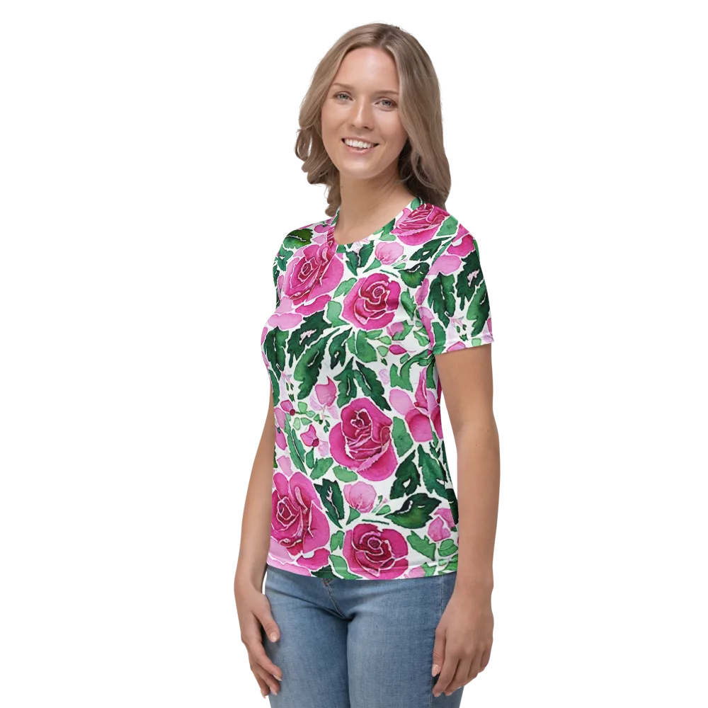 Magenta Rose Garden on Women's Crew Neck T-Shirt — Left
