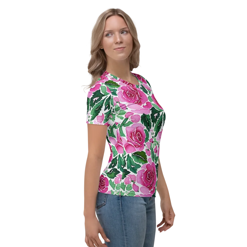 Magenta Rose Garden on Women's Crew Neck T-Shirt — Right