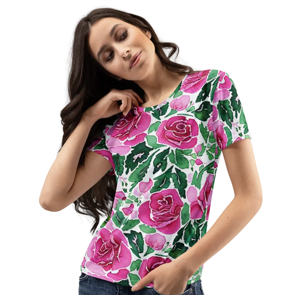 Magenta Rose Garden on Women's Crew Neck T-Shirt — Left Front