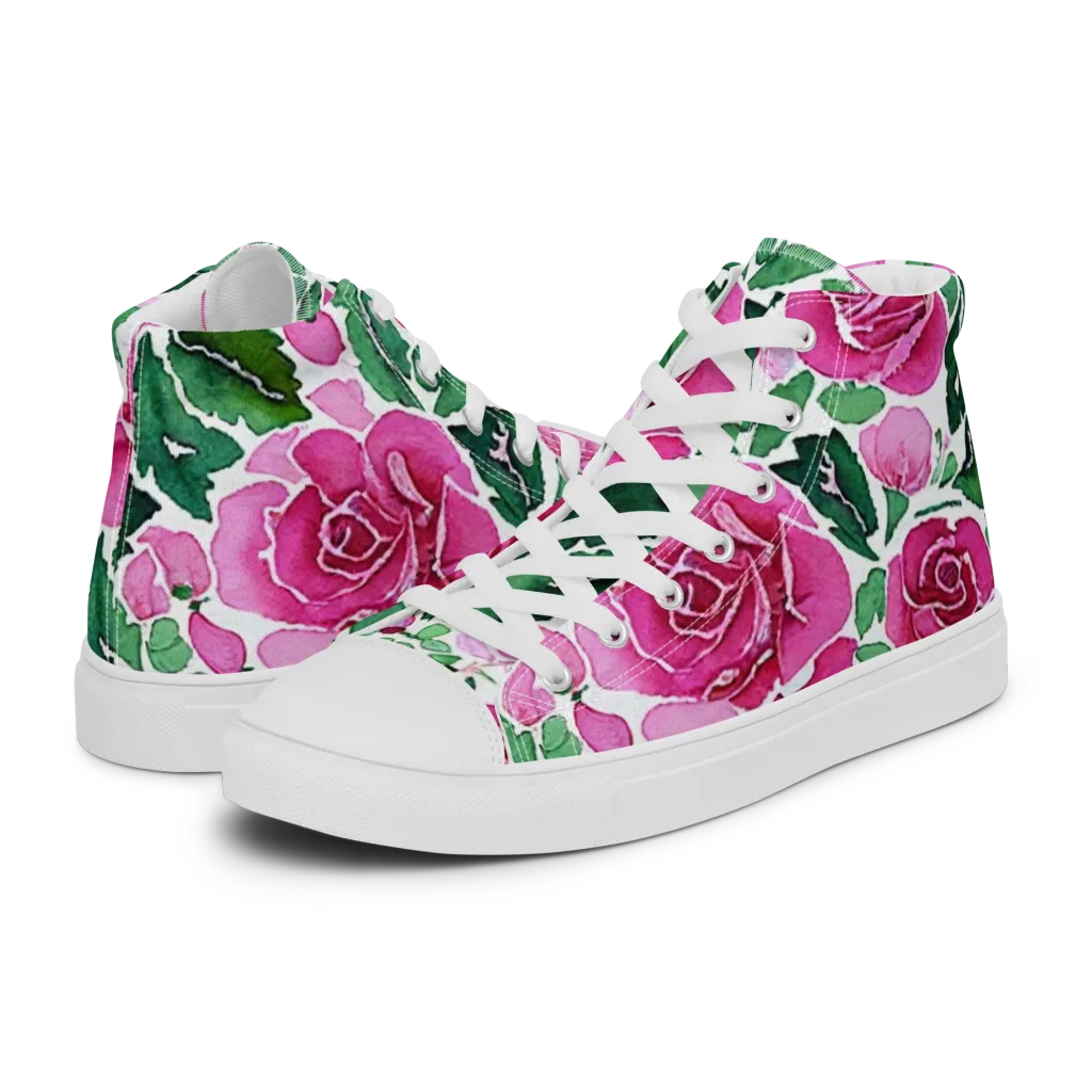 Magenta Rose Garden on Women's High Top Canvas Shoes — Left