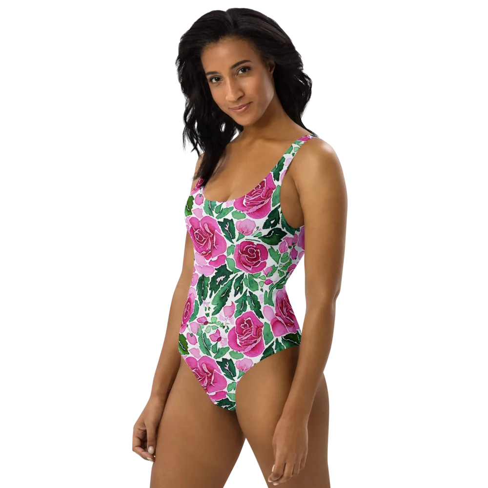 Magenta Rose Garden on One-Piece Swimsuit — Left