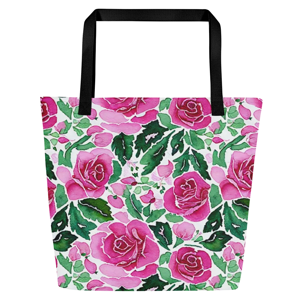 Magenta Rose Garden on Large Tote Bag W/ Pocket — Front
