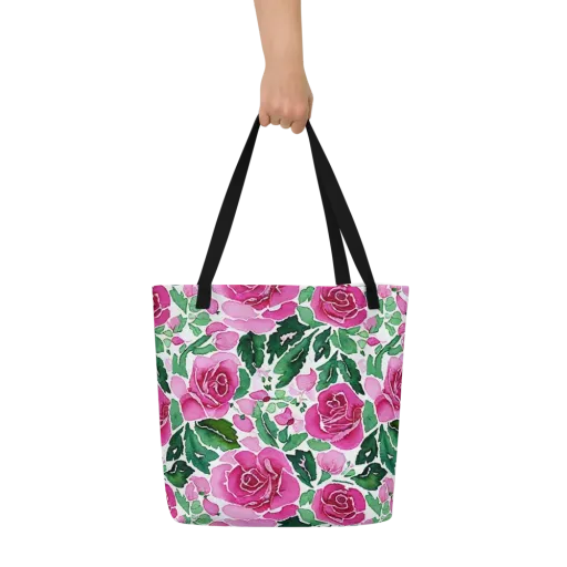 Magenta Rose Garden on a Large Tote Bag W/ Pocket
