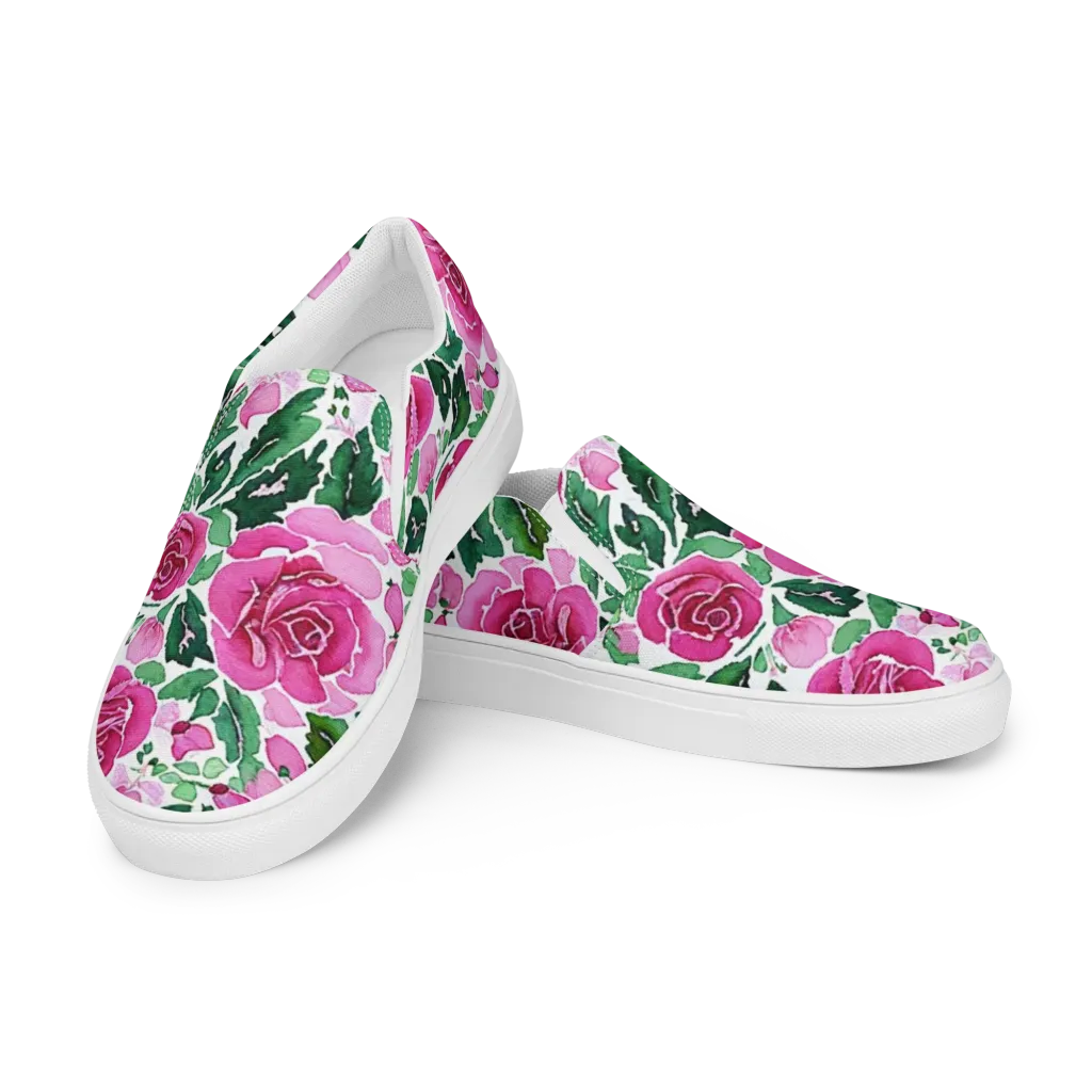 Magenta Rose Garden on Women's Slip-On Canvas Shoes — Left Front