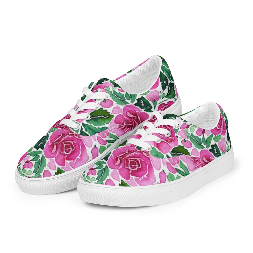 Magenta Rose Garden on Men's Lace-Up Canvas Shoes — Left Front