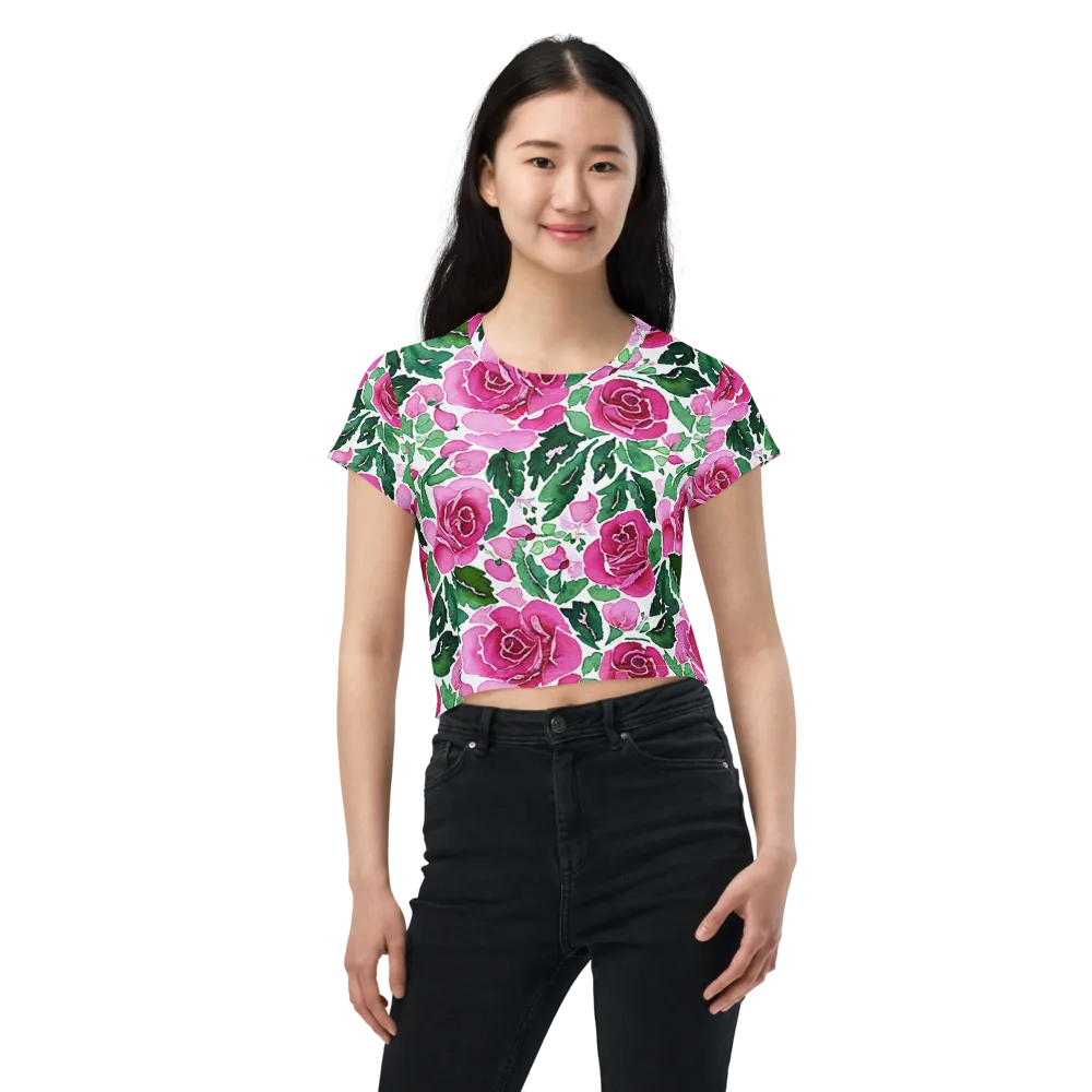 Magenta Rose Garden on Crop Tee — Front