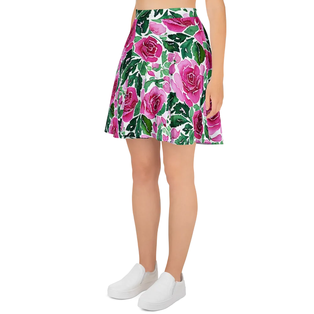 Magenta Rose Garden on Skater Skirt — Left