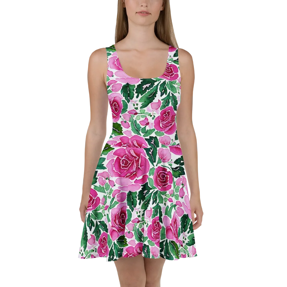 Magenta Rose Garden on Skater Dress — Front