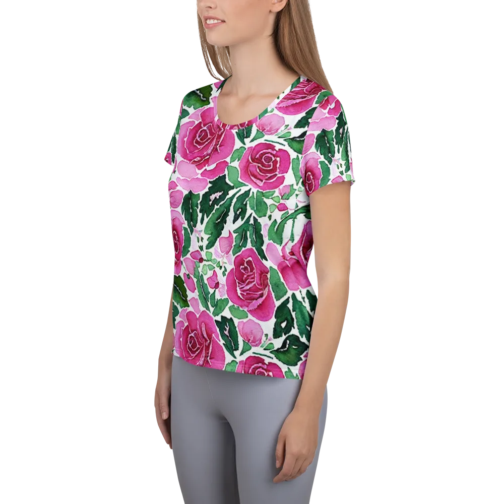 Magenta Rose Garden on Women's Athletic T-Shirt — Left